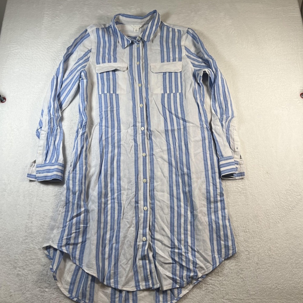 Caslon Shirt Dress Womens Large Blue Striped Linen Rayon Long Sleeve Casual‎